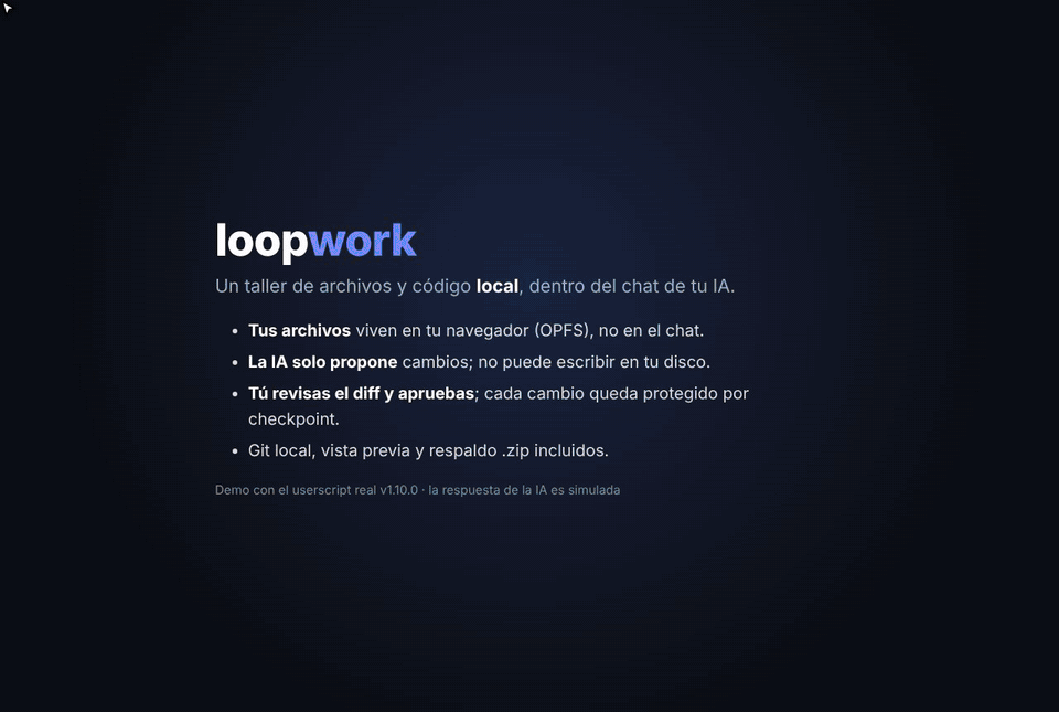 Recorrido completo de loopwork: compartir un archivo, recibir la propuesta, revisar el diff y aplicarla